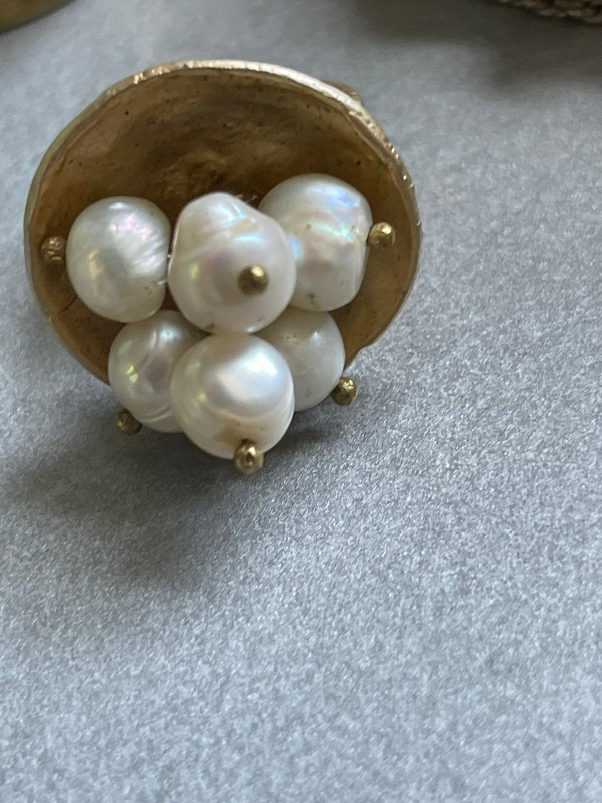 Vintage Gold-Toned Hand-Crafted Authentic Baroque Pearl Adjustable Cocktail Ring