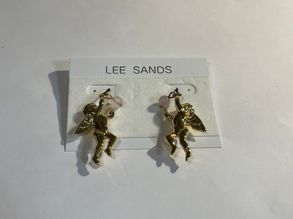 Lee Sands Goldtone Cherub Dangle Earrings with Rose Quartz Orb
