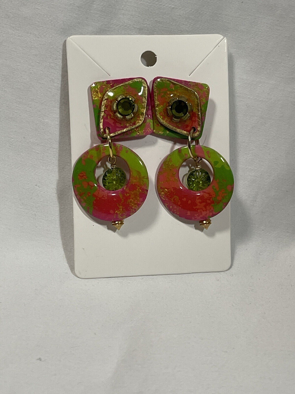 Vintage MAM’ Signed Pink Green Artisan Dangle Earrings