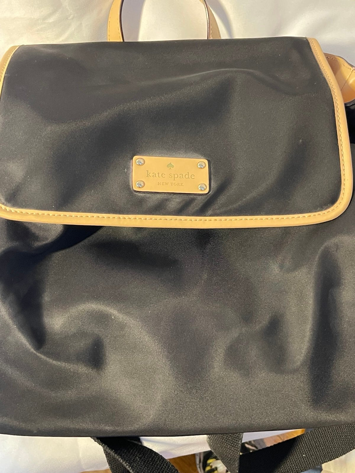 Kate Spade New York Black Nylon Backpack Tan Leather Trim Travel School Bag