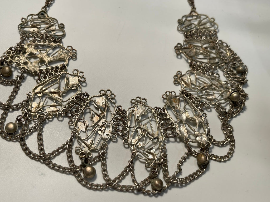 Vintage Silver-Tone Ornate Filigree Necklace w/Floral Motifs