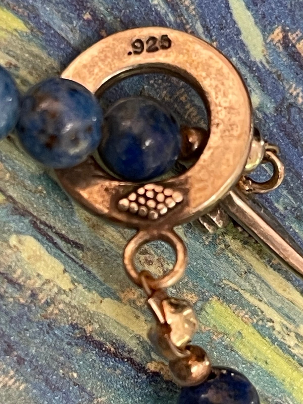 21” Lapis Lazuli Beaded Necklace w/ .925 Sterling Clasp & Egyptian Revival Piece