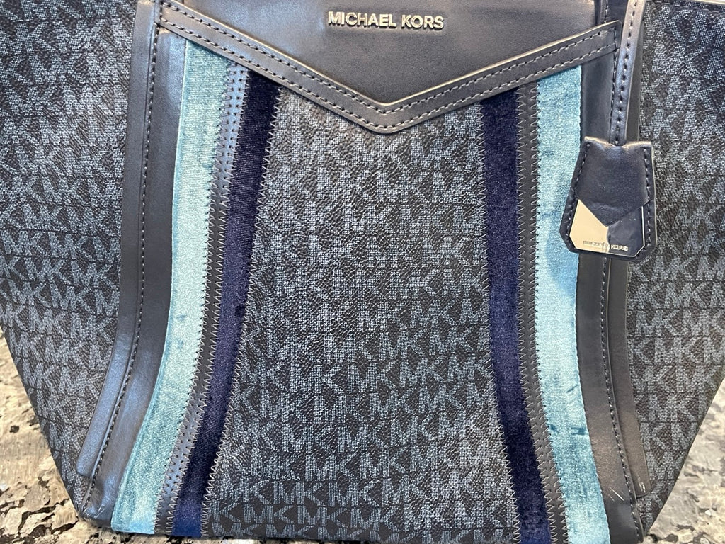 Michael Kors Large MK Monogram Tote Bag Blue Stripe Shoulder Bag