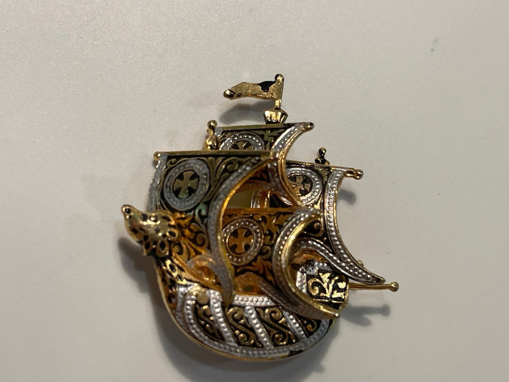 Vintage Damascene Spain Sailing Ship Brooch/Pin