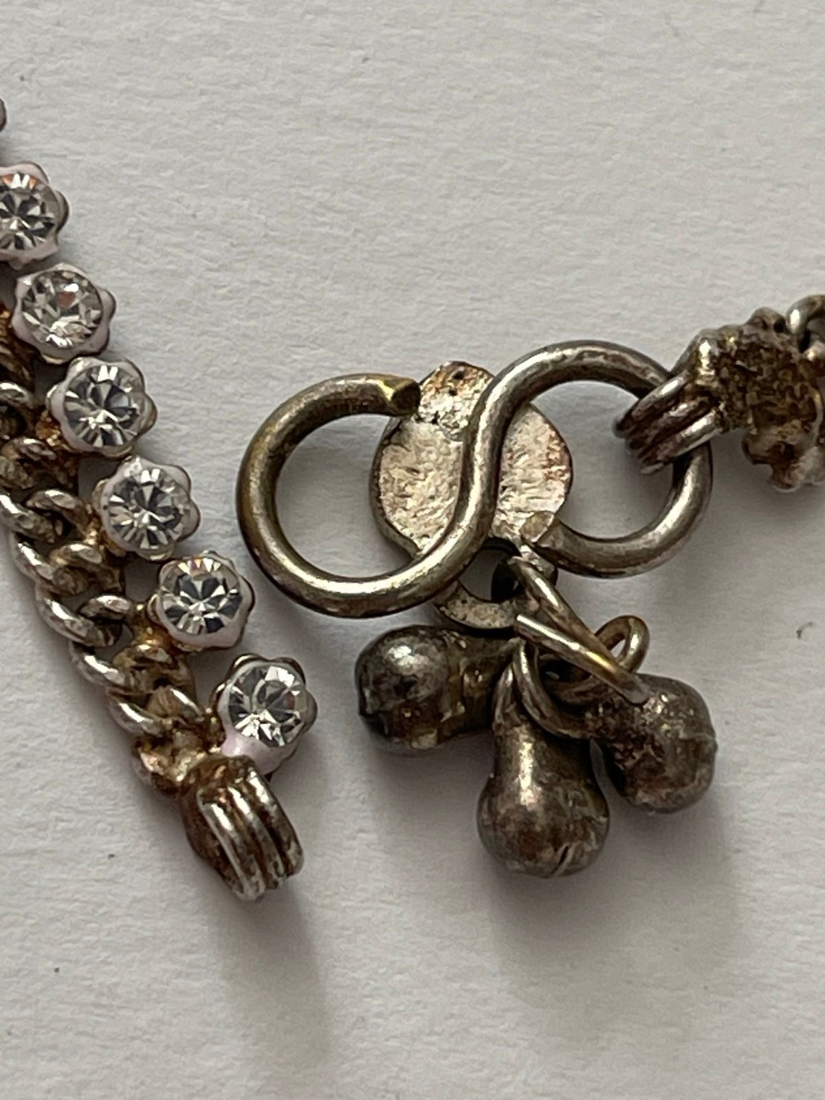 Vintage Asian Tribal Silver Toned Payal Anklet w\Dangle Rhinestones