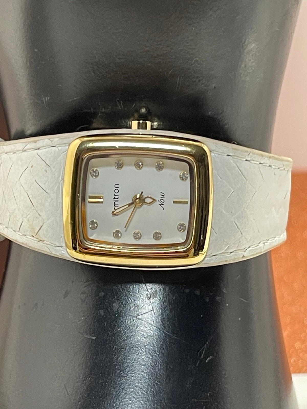 Armitron Now Ladies Goldtone Bezel Rhinestone Accent Dial White Leather Band