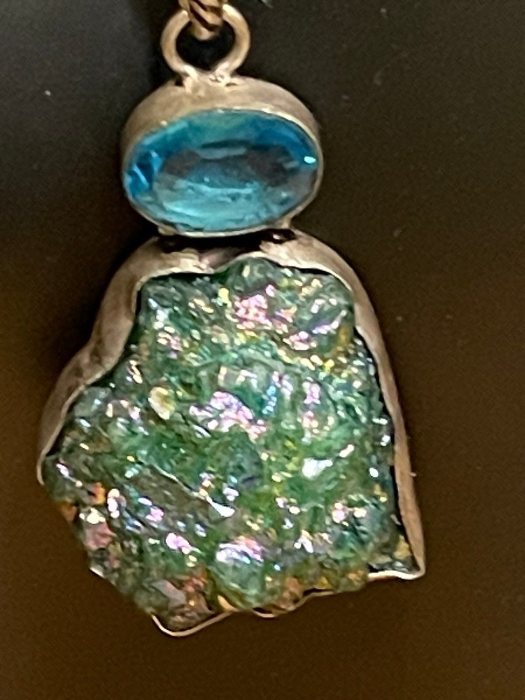 Apatite Bead Necklace w/ Blue Topaz & Titanium Druzy Pendant – 925 Sterling – 18
