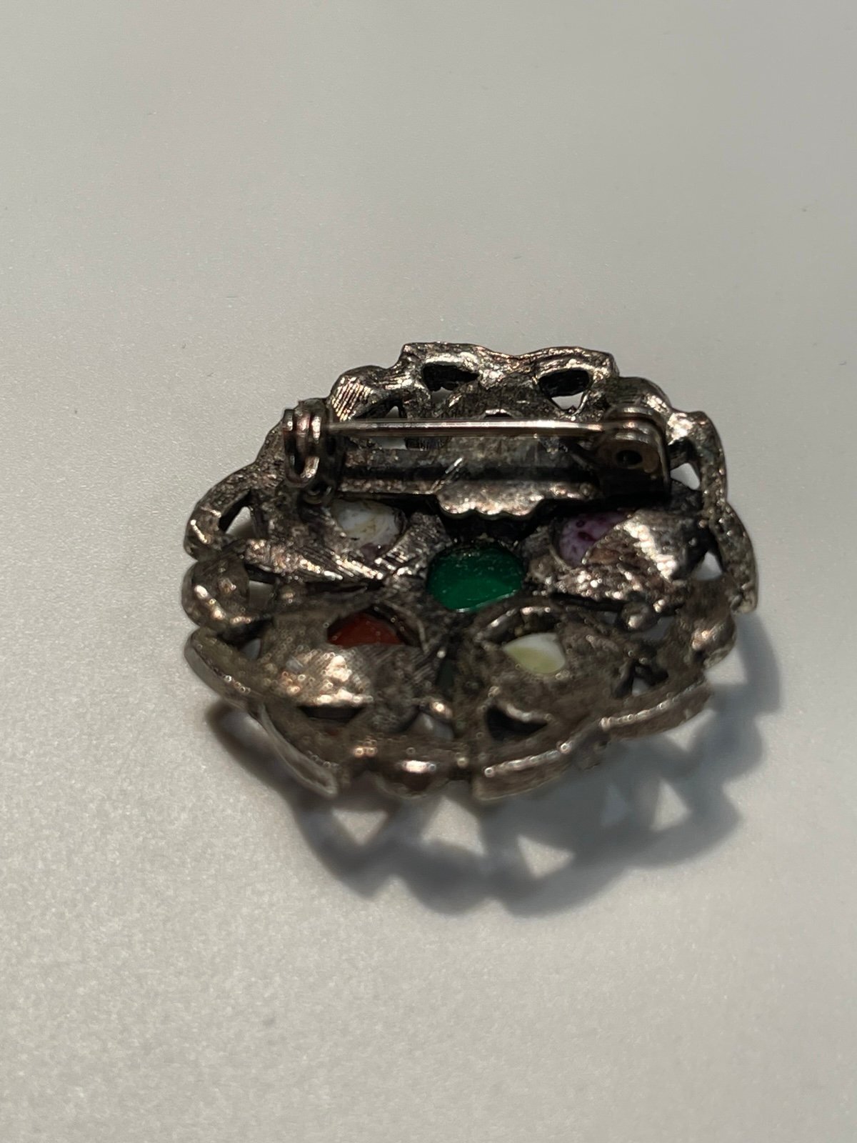 Vintage Celtic Silvertone Brooch w/Multi Colored Cabochon Stone