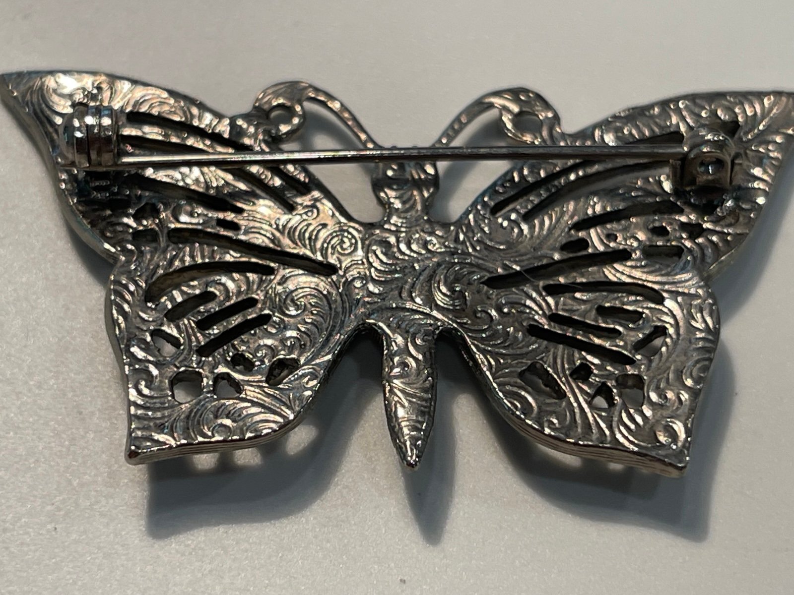 Marcasite & Rhinestone Filigree Design Butterfly Brooch