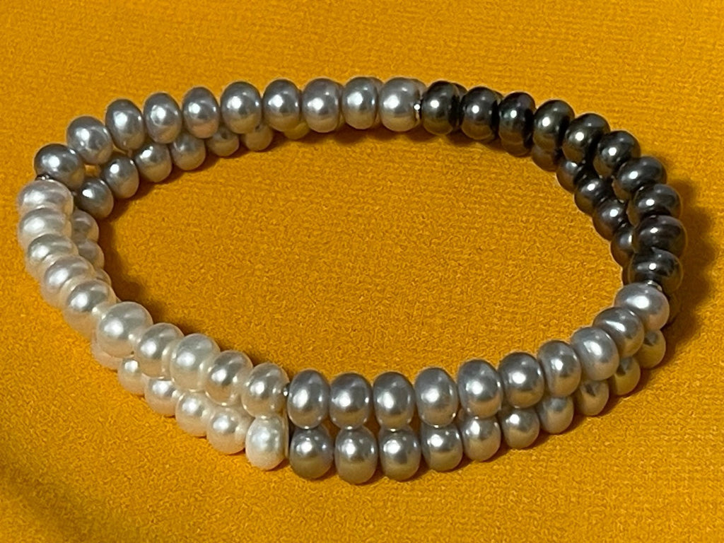 Doublestrand Multicolored Genuine Pearl Stretch Bracelet w/Sterling Spacers