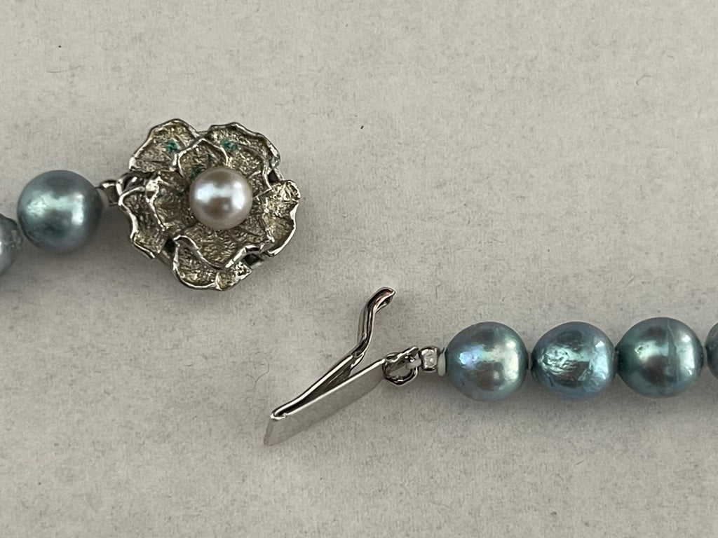 Vintage Light Blue Cultured Pearls with Sterling Silver Floral Clasp