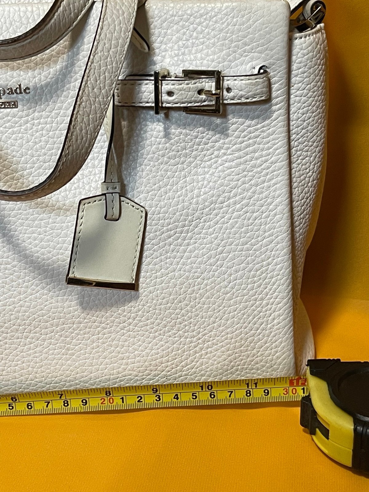 Kate Spade Cream Pebbled Leather Satchel Tote Crossbody Bag Belt Detail