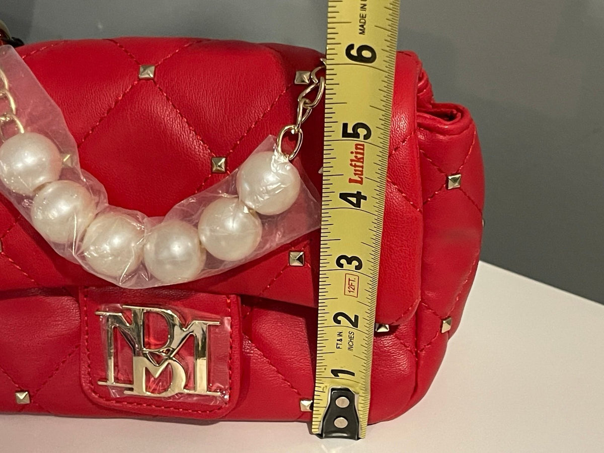Badgley Mischka Red Quilted Studded Mini Crossbody Bag Pearl Handle NWT