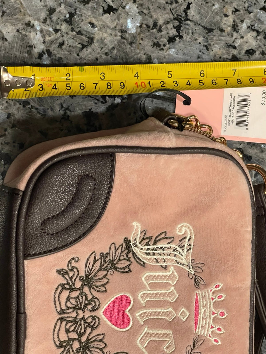 Juicy Couture Heritage Crossbody Dusty Blush Pink Brown Embroidered Heart Crown