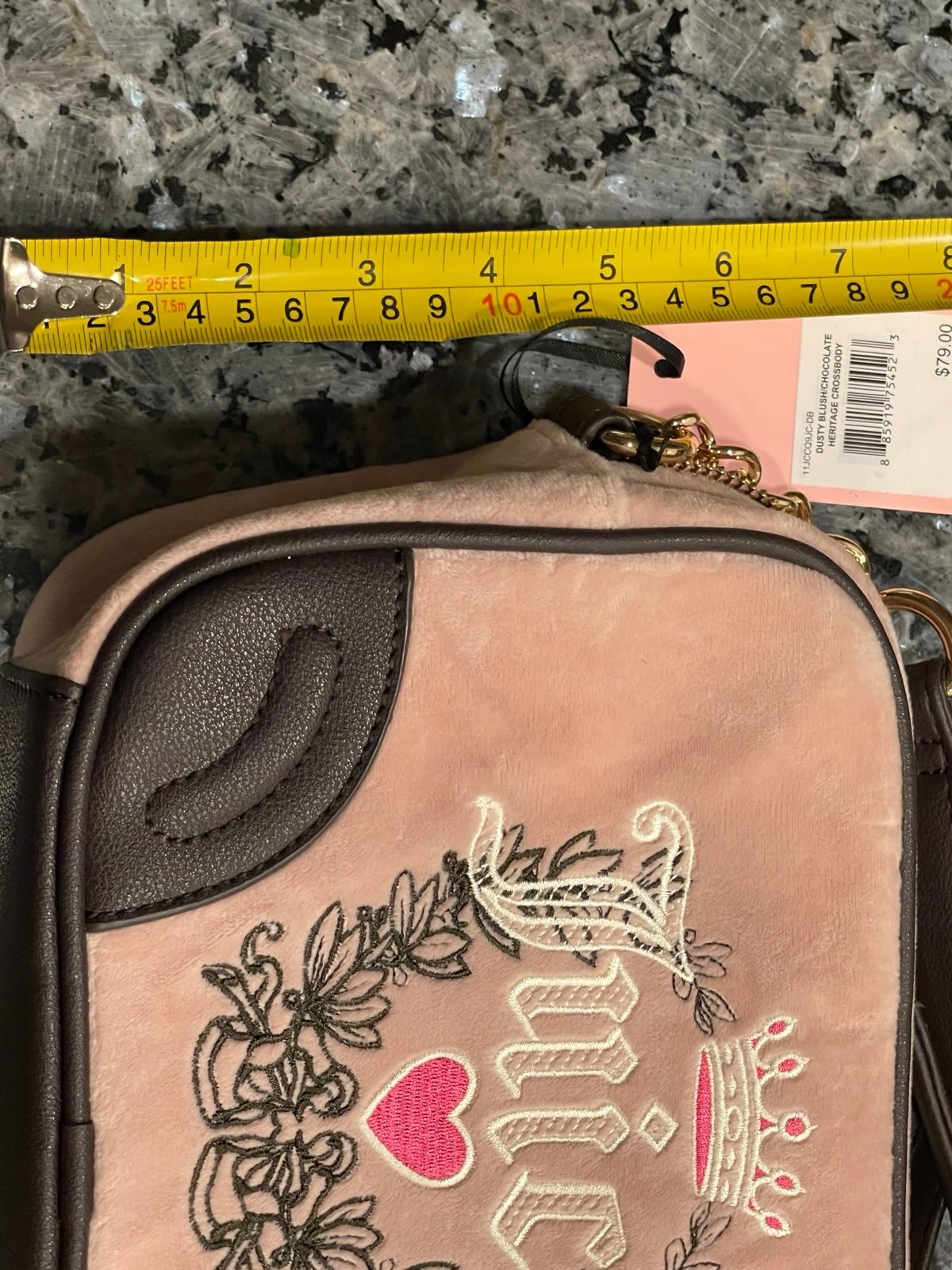 Juicy Couture Heritage Crossbody Dusty Blush Pink Brown Embroidered Heart Crown