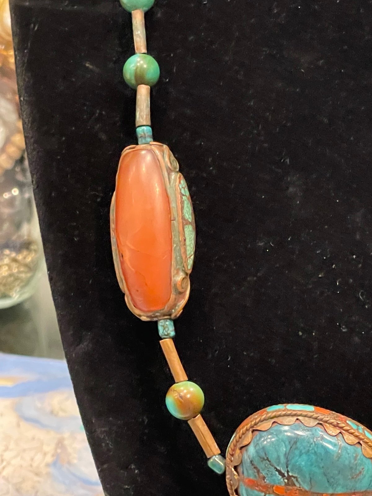 Vintage 60s/70s Brass Coral & Turquoise Scarab 20in Necklace