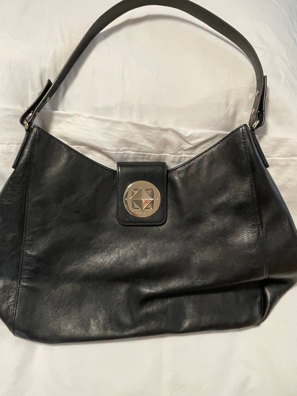 Kate Spade Black Leather Hobo Shoulder Bag Gold/Silver Turn Lock Large