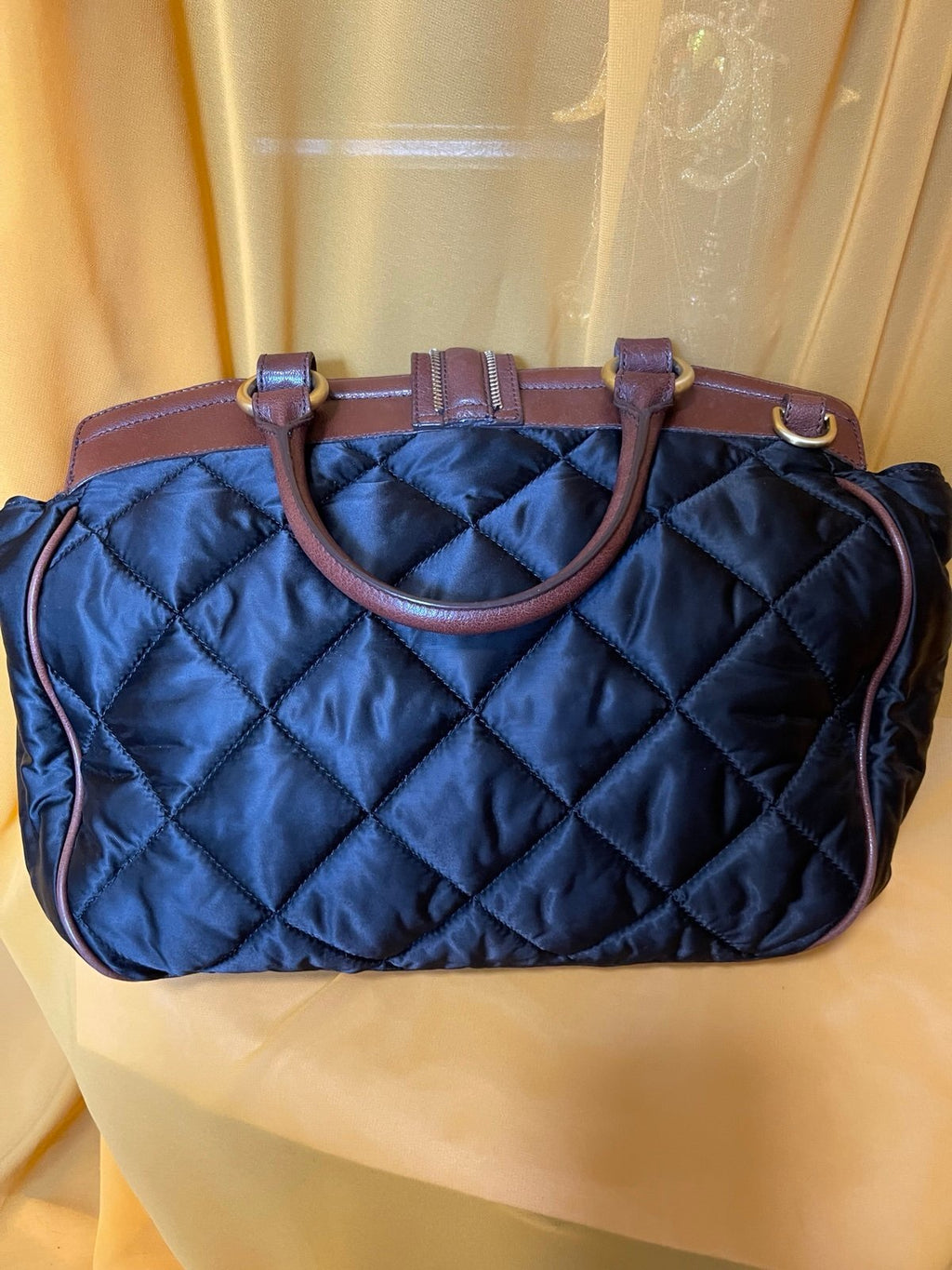 Brahmin Quilted Nylon Satchel Black Brown Leather w/ Dust Bag