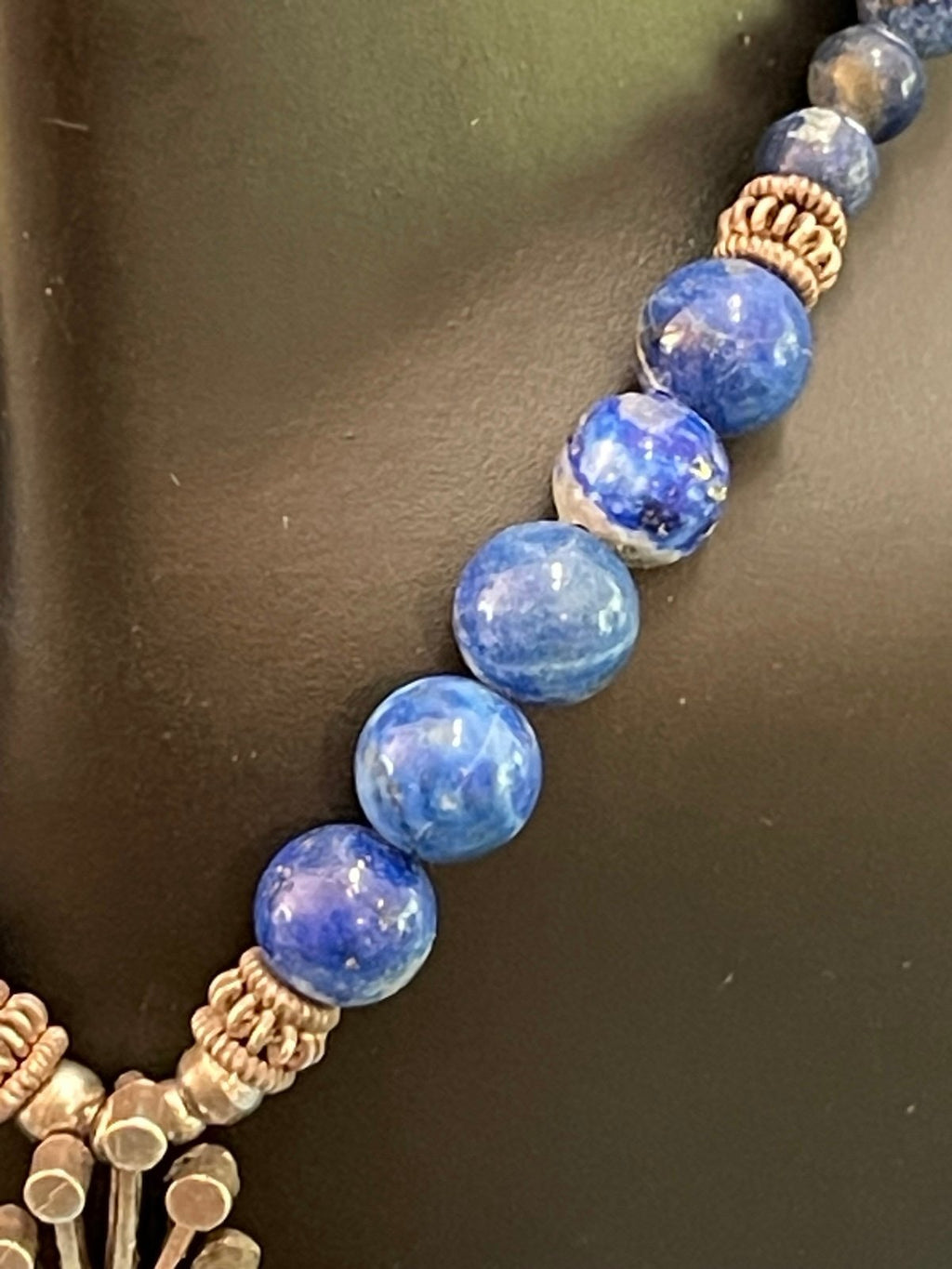 21” Lapis Lazuli Beaded Necklace w/ .925 Sterling Clasp & Egyptian Revival Piece