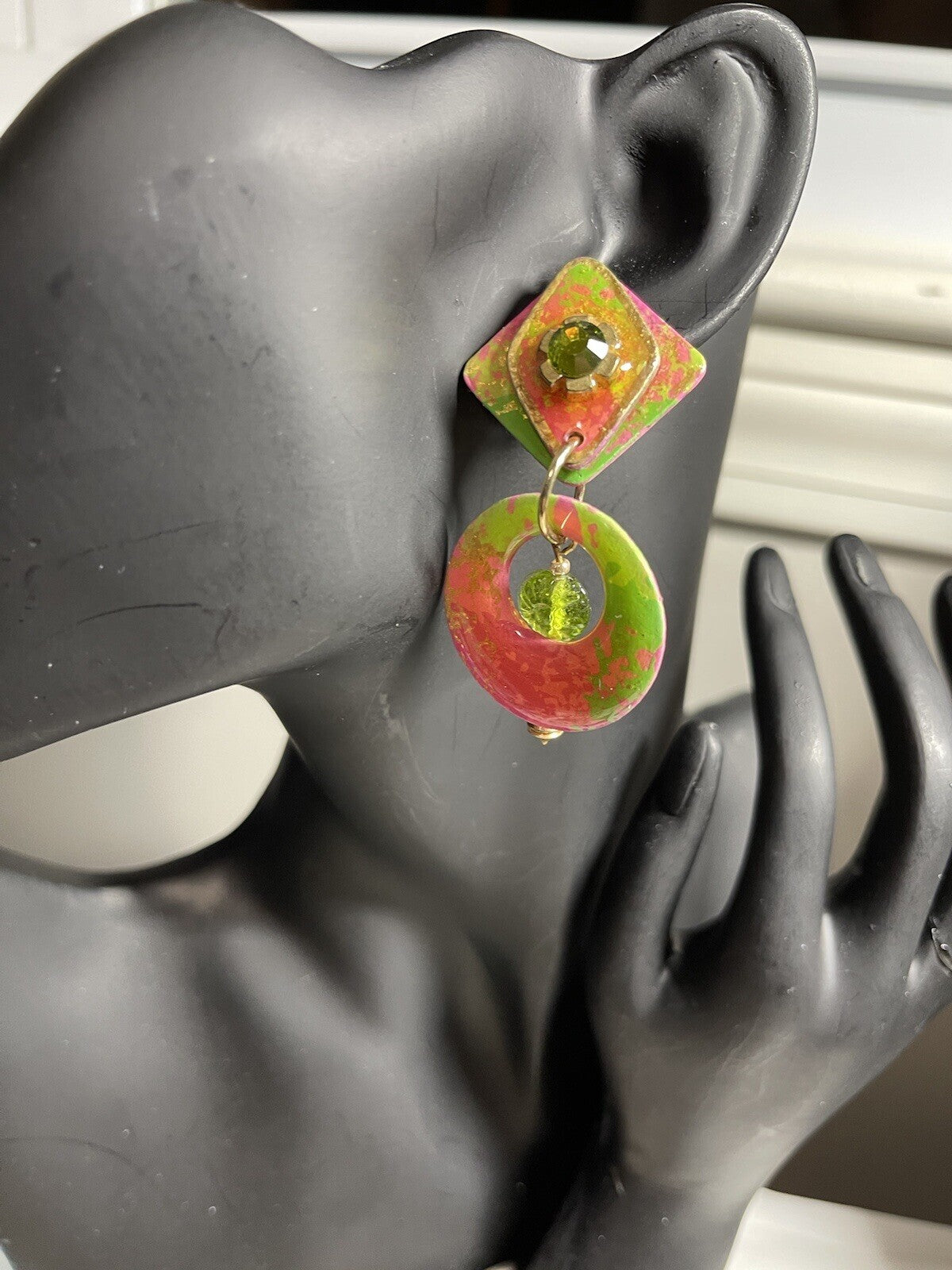Vintage MAM’ Signed Pink Green Artisan Dangle Earrings