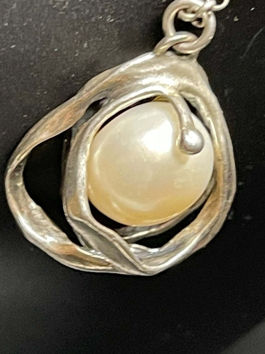 Vintage Israeli Sterling Silver Pearl Pendant Necklace – 925 Israel – Modernist
