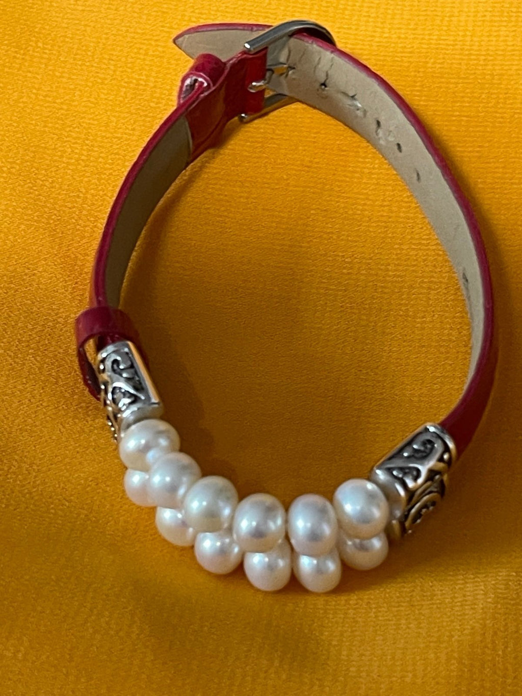 Fabulous Pearl and Sterling on Red Leather Buckle  Bracelet