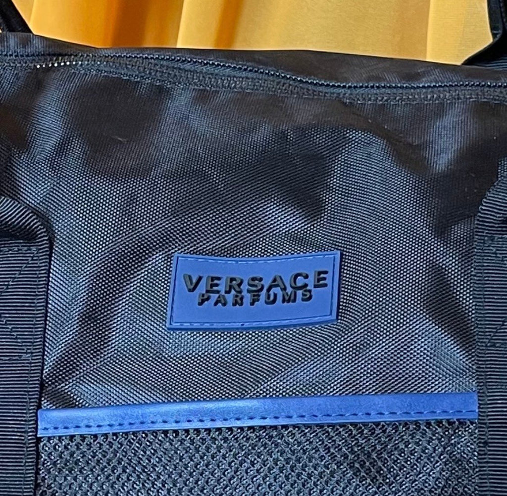 Versace Parfums Black Nylon Duffle Bag Weekender Travel Bag Greek Key Strap