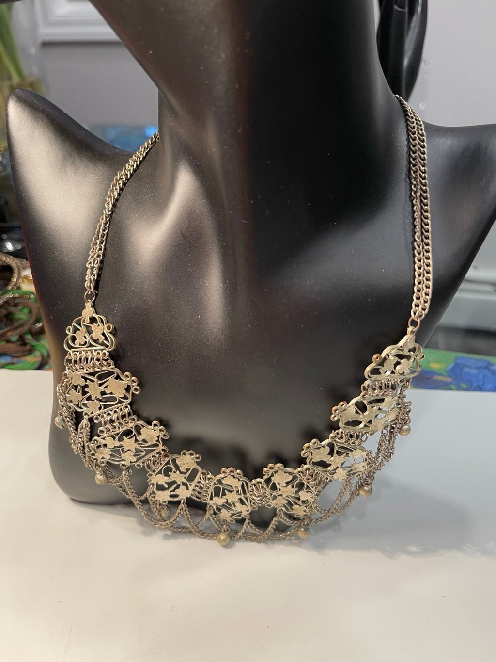 Vintage Silver-Tone Ornate Filigree Necklace w/Floral Motifs