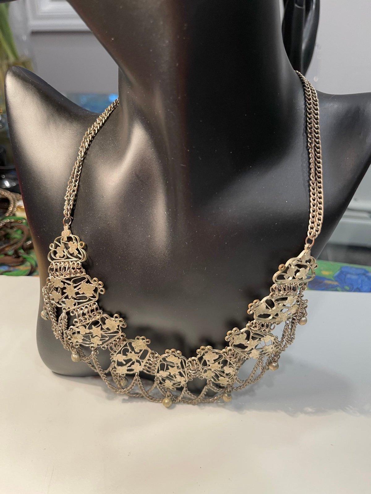 Vintage Silver-Tone Ornate Filigree Necklace w/Floral Motifs