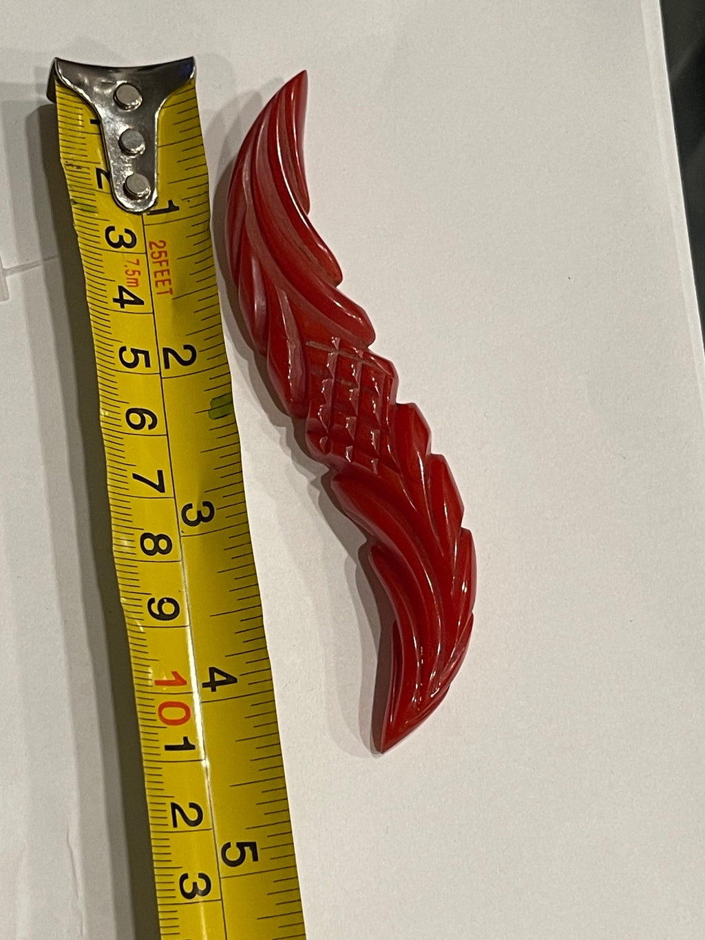 Art Deco Cherry Red Carved Bakelite Double Feather Brooch