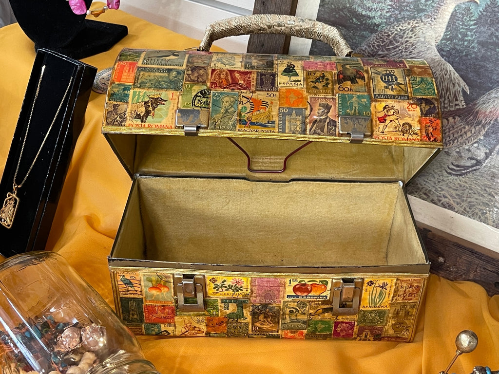 Vintage International Postage Stamp Decoupage Box Purse