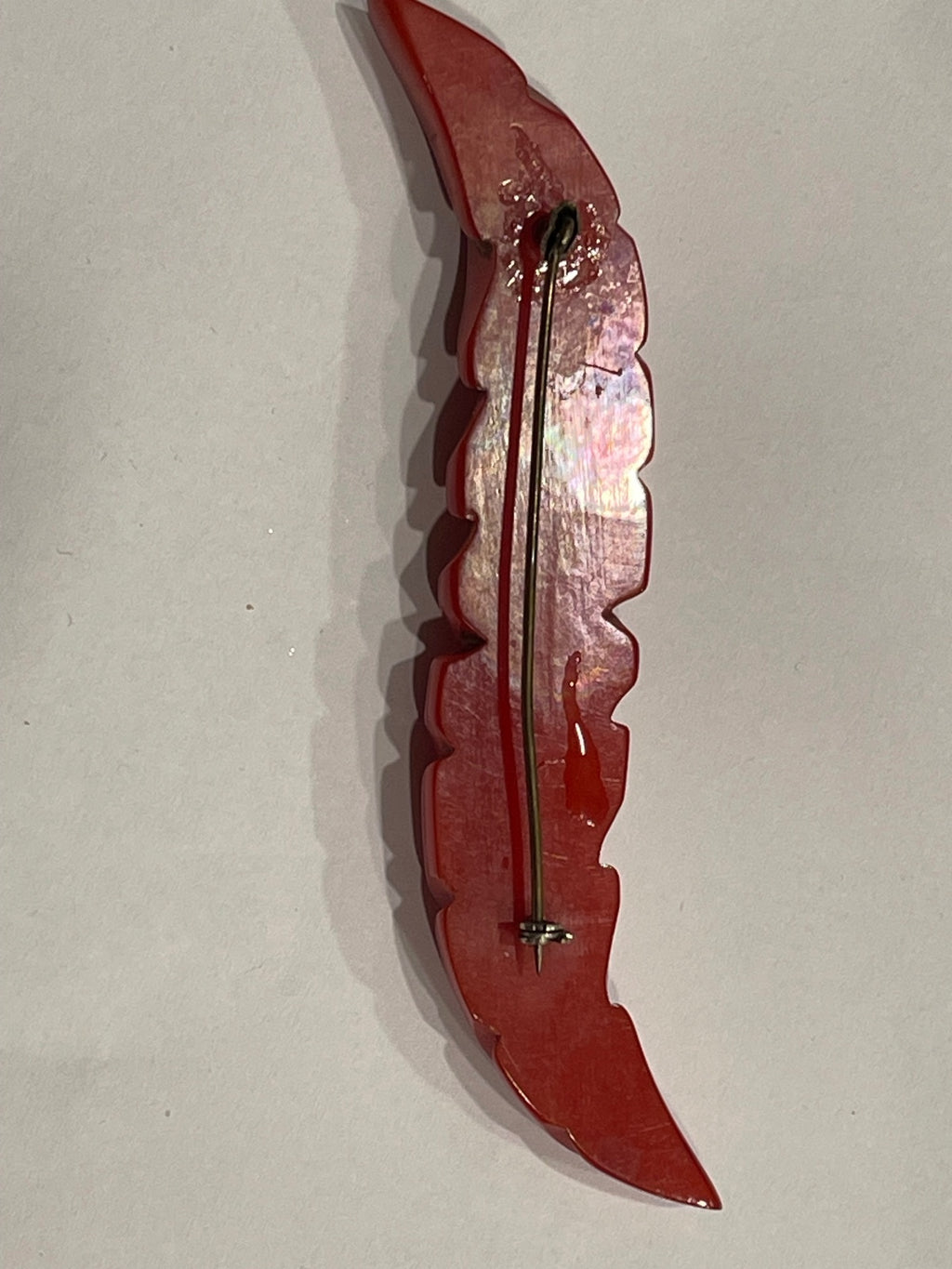 Art Deco Cherry Red Carved Bakelite Double Feather Brooch