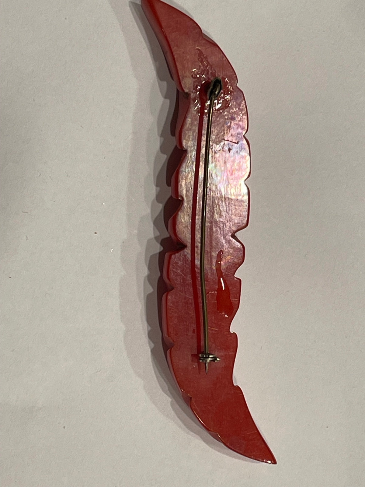 Art Deco Cherry Red Carved Bakelite Double Feather Brooch