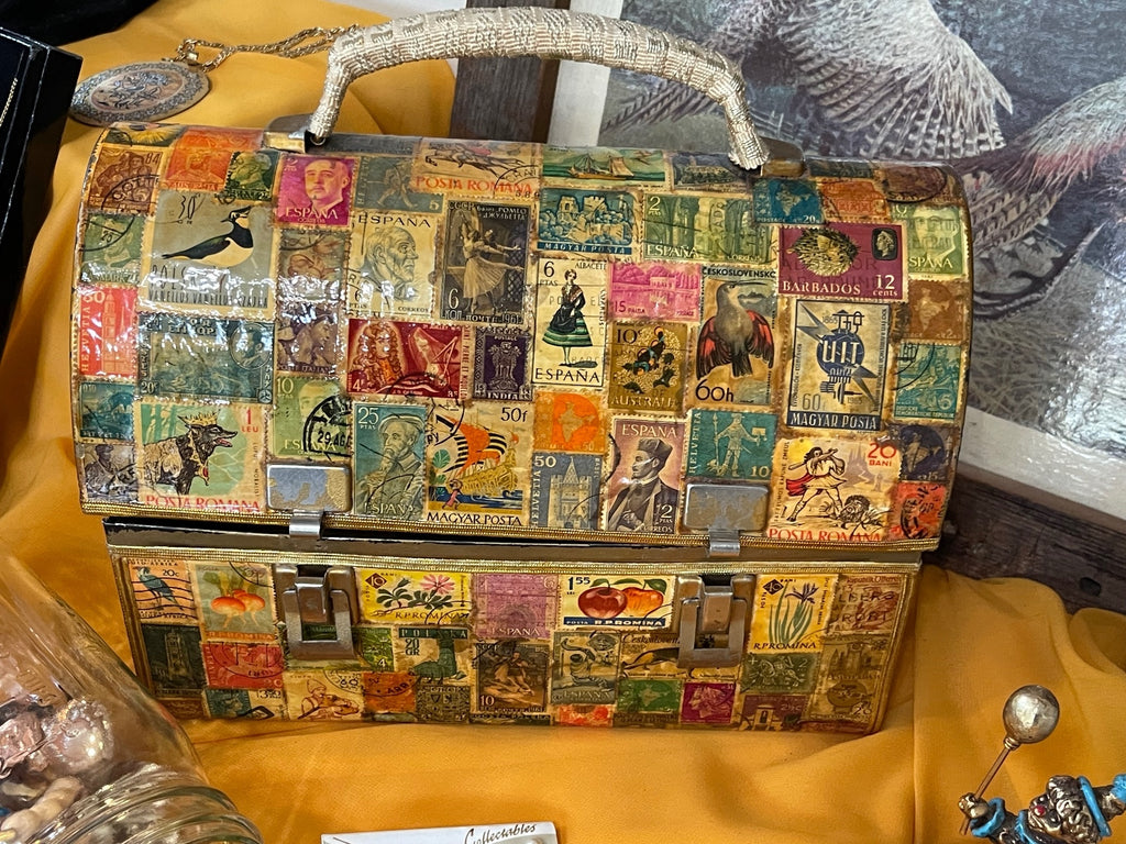 Vintage International Postage Stamp Decoupage Box Purse