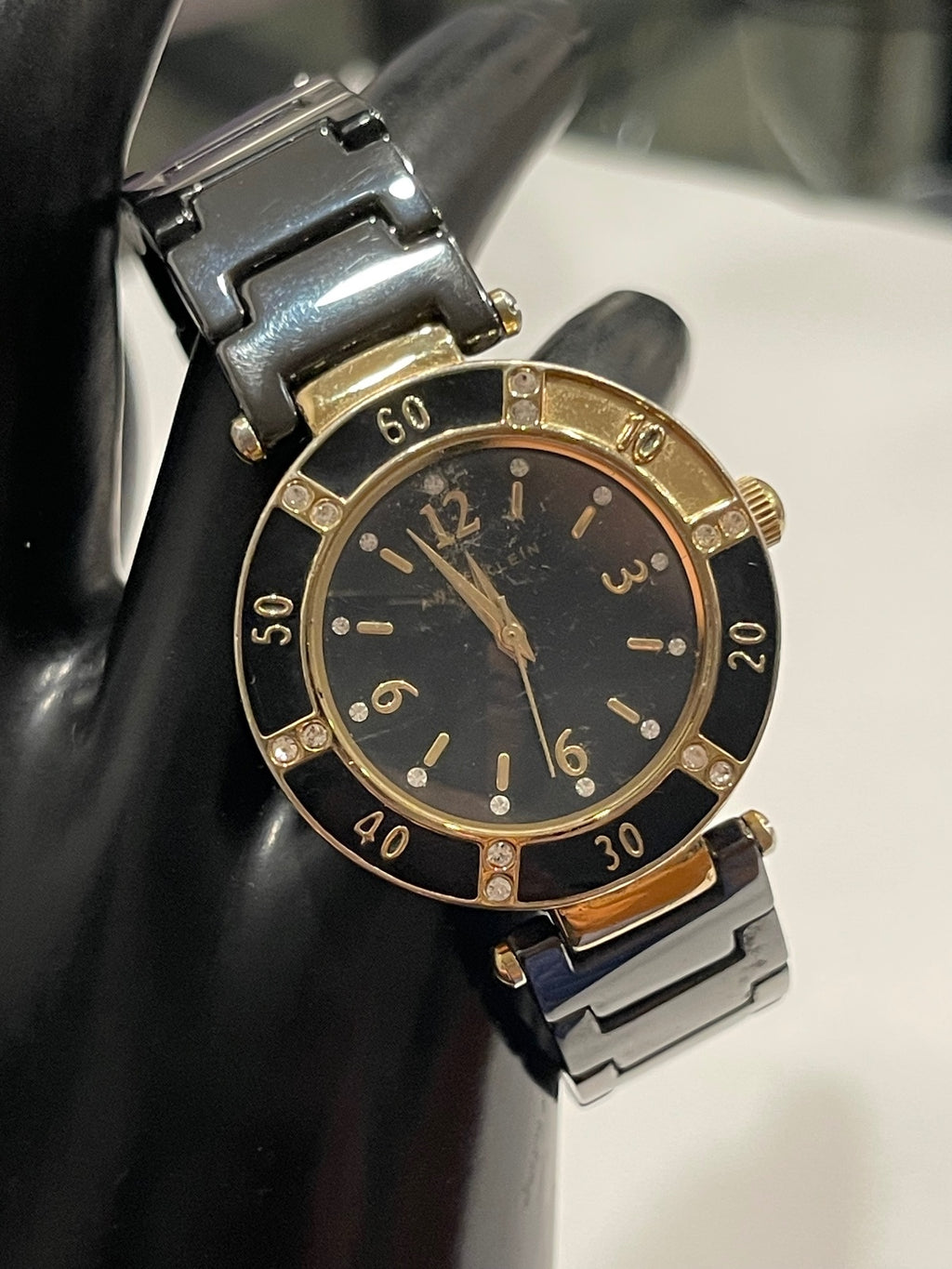 Anne Klein Women's Wristwatch Black and Gold Tone with Rhine