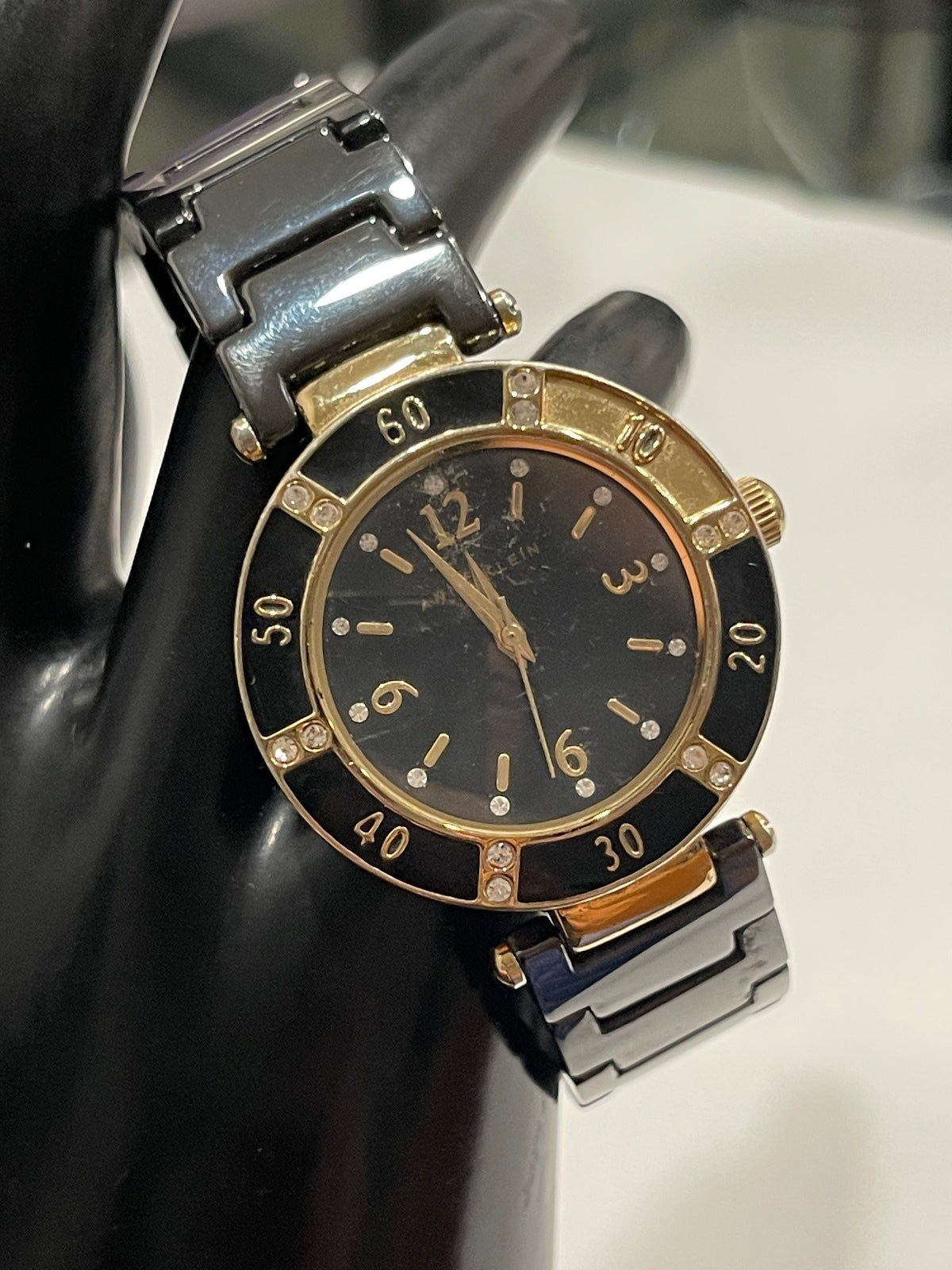 Anne Klein Women's Wristwatch Black and Gold Tone with Rhine