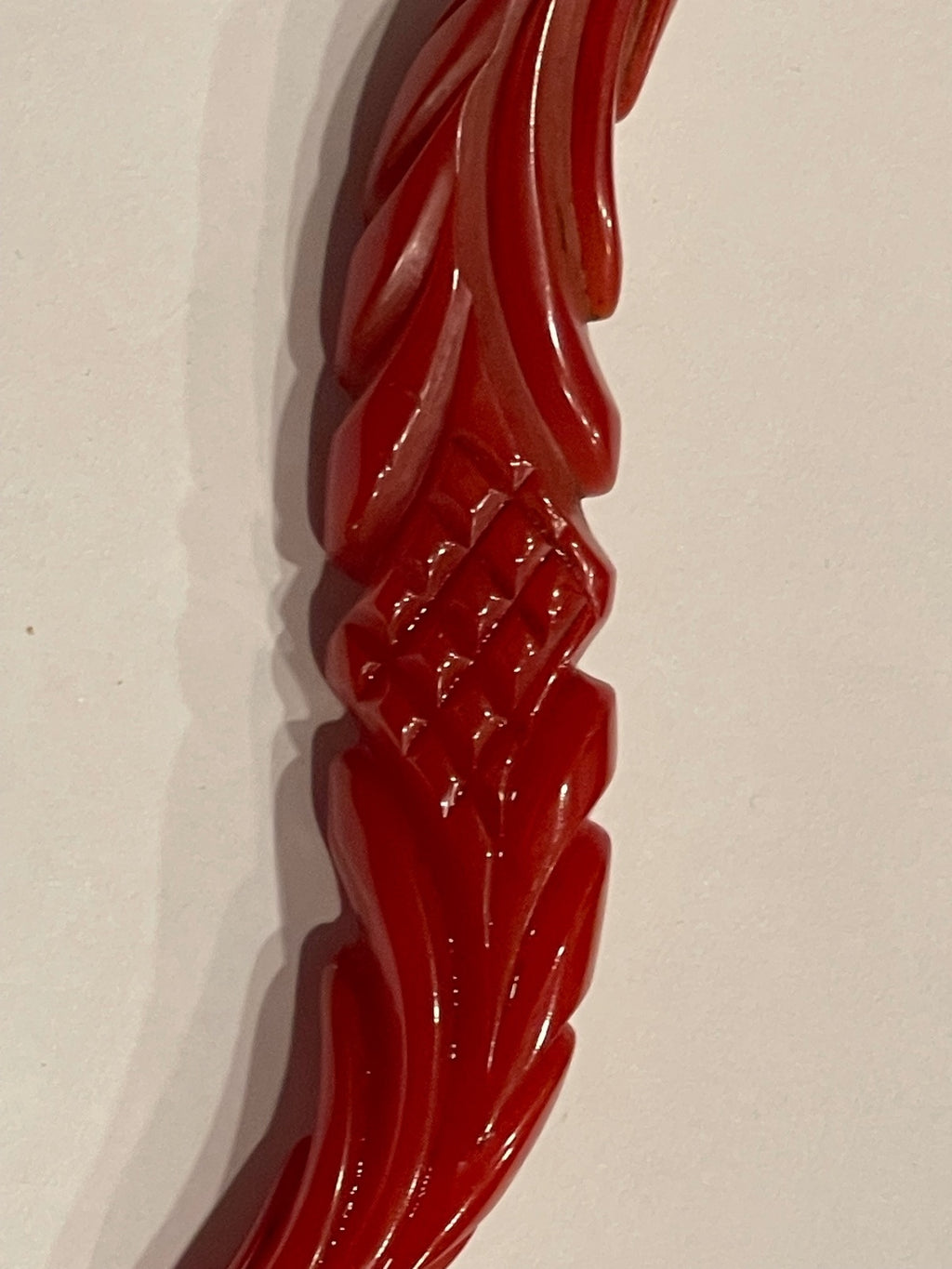 Art Deco Cherry Red Carved Bakelite Double Feather Brooch