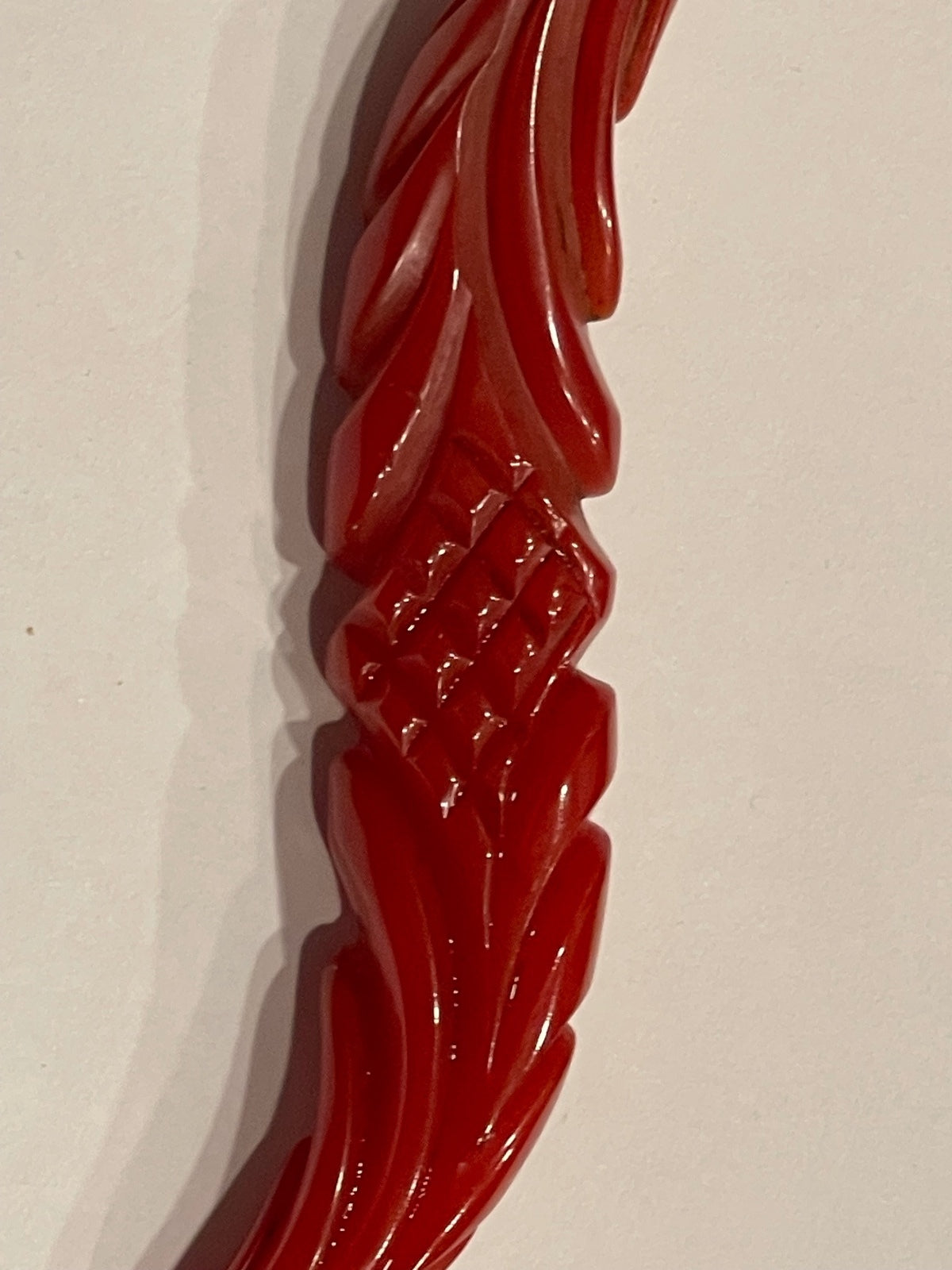 Art Deco Cherry Red Carved Bakelite Double Feather Brooch