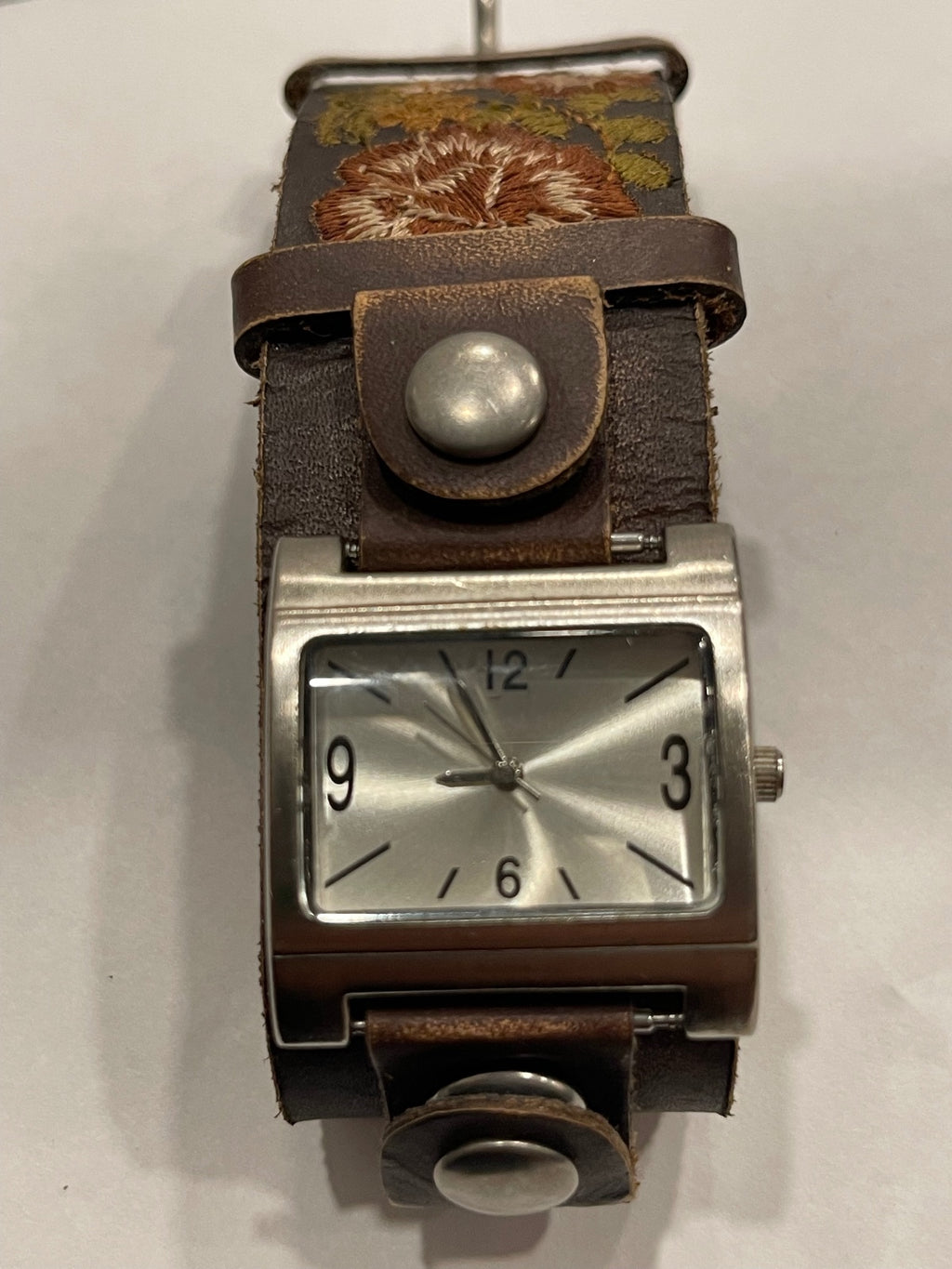 Fossil Women's Genuine Leather Brown Floral Cuff Wristwatch