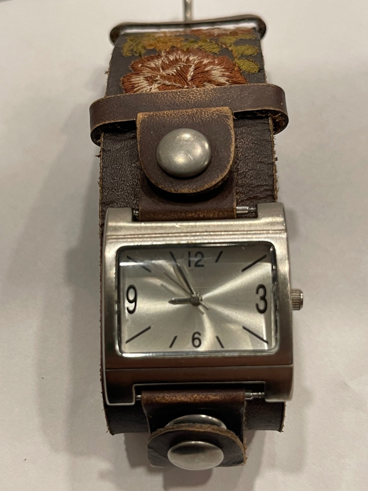 Fossil Women's Genuine Leather Brown Floral Cuff Wristwatch