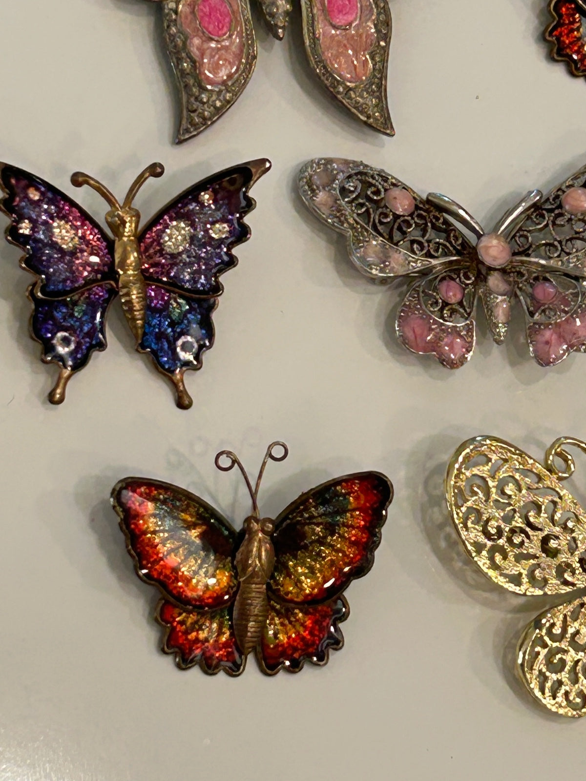Vintage Butterfly Brooch Pin Lot 6 Pins 1 Hair Clip Enamel Filigree Rhinestone