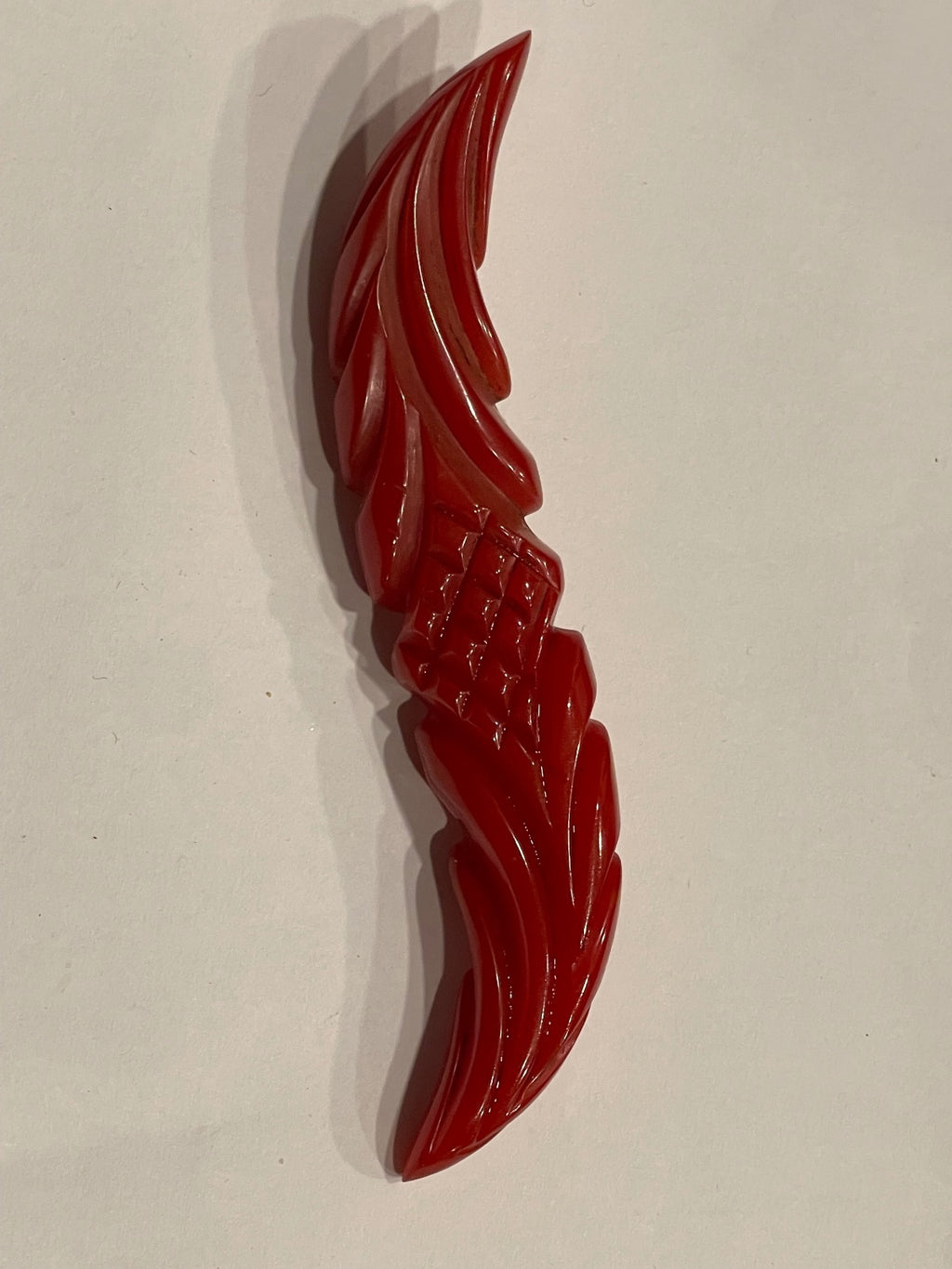 Art Deco Cherry Red Carved Bakelite Double Feather Brooch