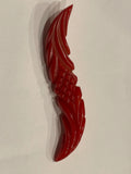 Art Deco Cherry Red Carved Bakelite Double Feather Brooch
