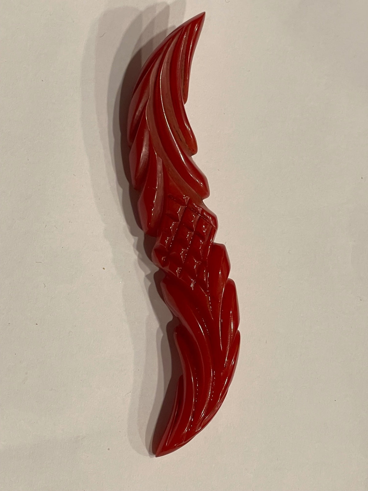 Art Deco Cherry Red Carved Bakelite Double Feather Brooch