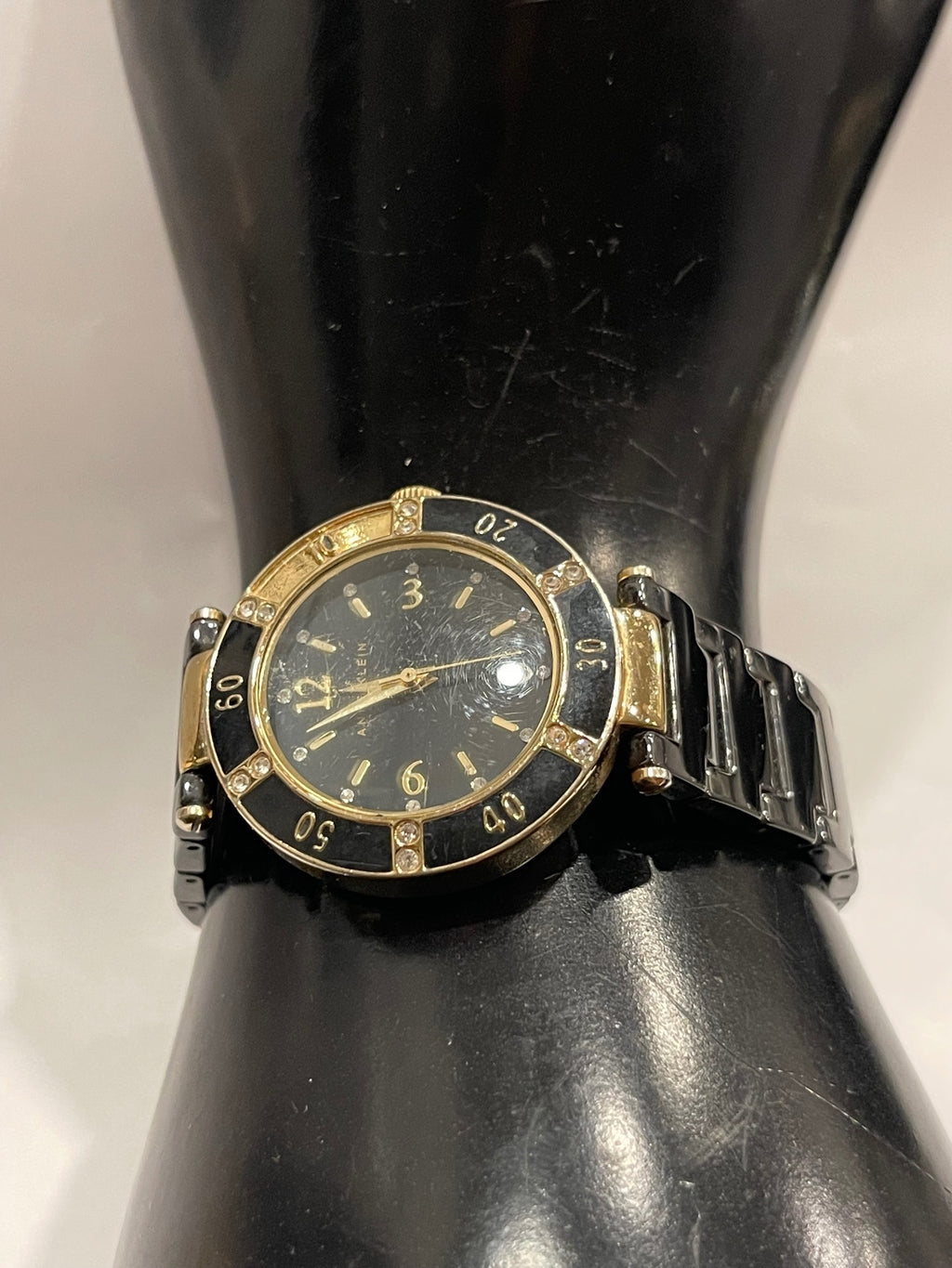 Anne Klein Women's Wristwatch Black and Gold Tone with Rhine