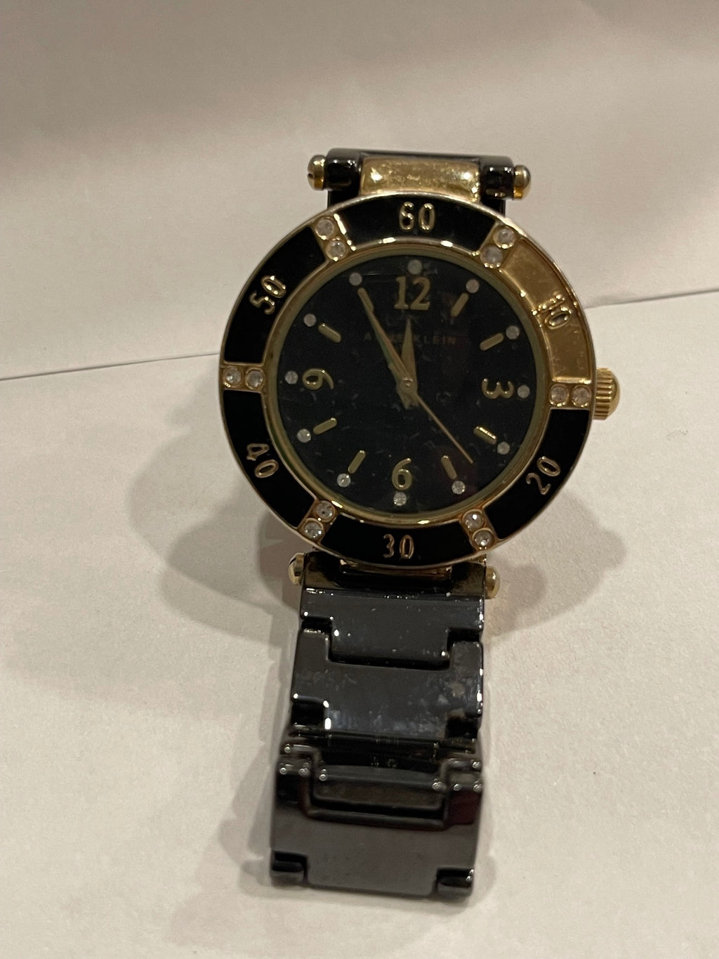 Anne Klein Women's Wristwatch Black and Gold Tone with Rhine