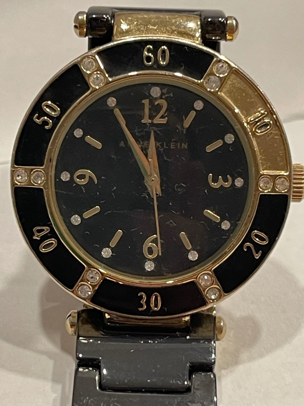 Anne Klein Women's Wristwatch Black and Gold Tone with Rhine
