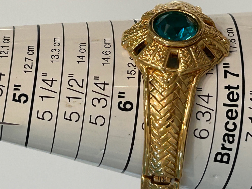 Vtg Swarovski Teal Crystal Gold Tone Hinged Bracelet Swan