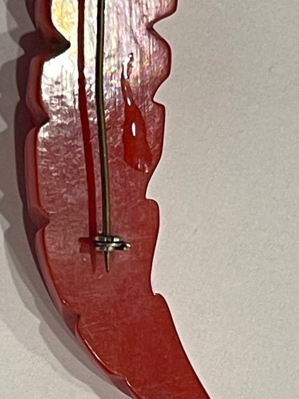 Art Deco Cherry Red Carved Bakelite Double Feather Brooch
