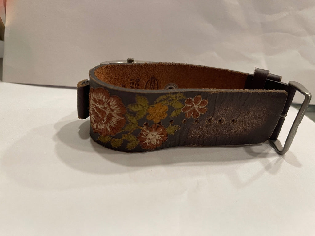 Fossil Women's Genuine Leather Brown Floral Cuff Wristwatch